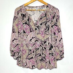 Croft Barrow Paisley Peasant Blouse Womens L Pink 3/4 Sleeve V-Neck Pullover Top